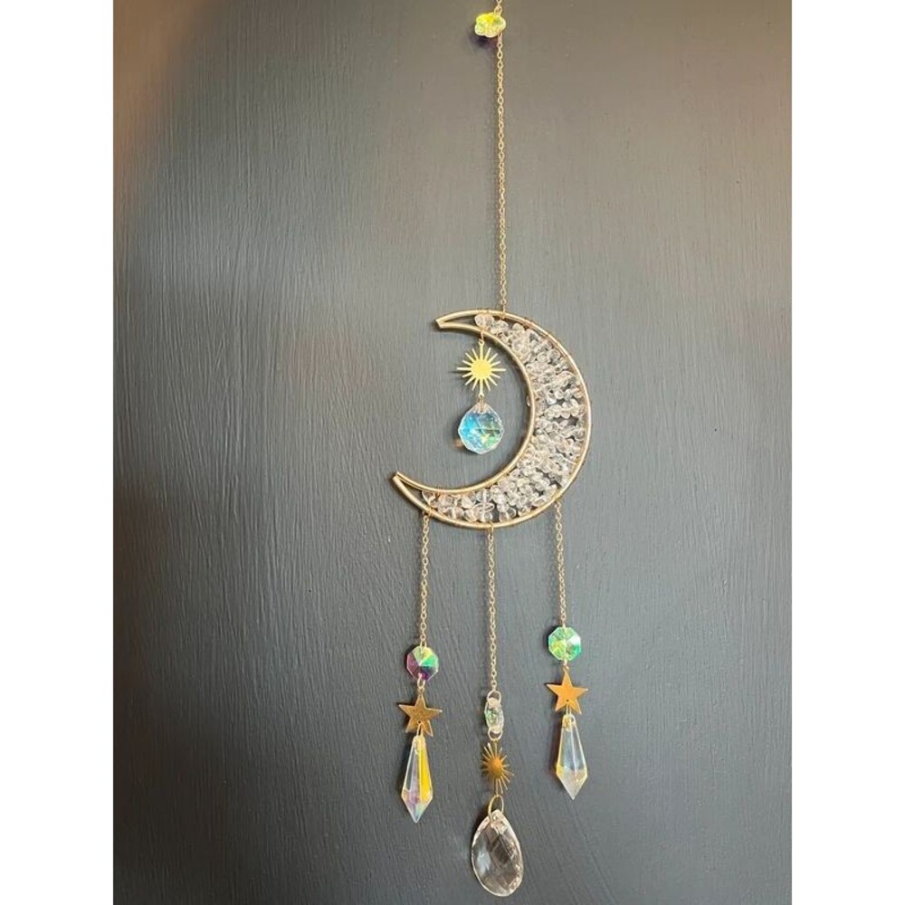 Clear Quartz Crescent Moon Sun Catcher Celestial Crystal Hanging Decor